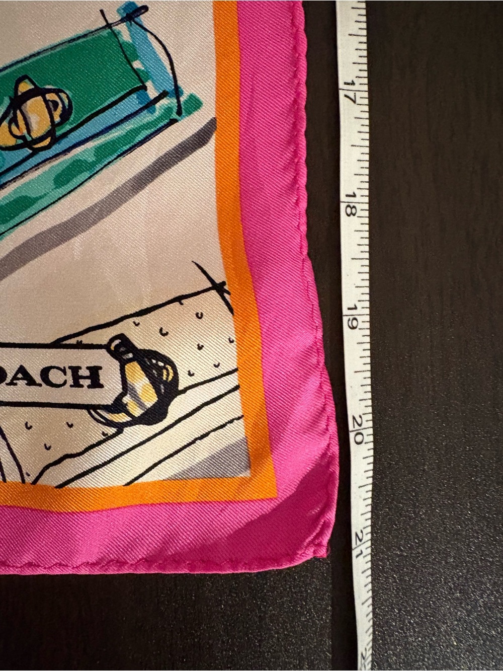 Coach 100% Silk Scarf with Handbag Motif and Pink & Orange Trim - Picture 7 of 7